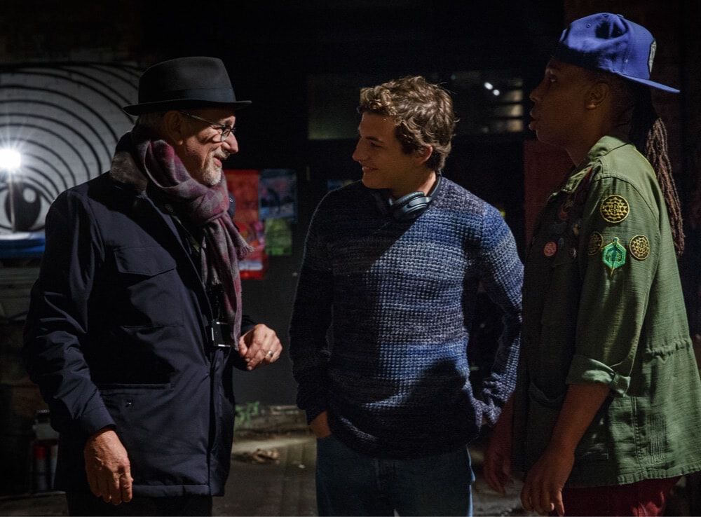 Talking with his young cast in the exciting adventure, Ready Player One. On location with Spielberg, Tye Sheridan and Lena Waithe.