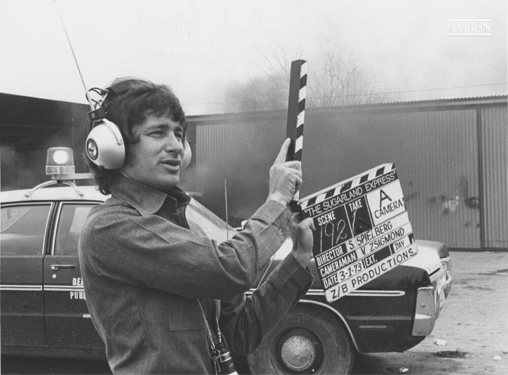 He directs, he writes, he produces, he runs the slate. Is there nothing the young Steven Spielberg could not do? On location in South Texas, March 1, 1973, for The Sugarland Express.